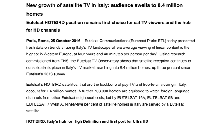 New growth of satellite TV in Italy: audience swells to 8.4 million homes 