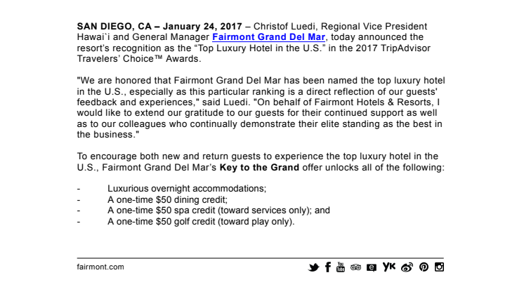 ​Fairmont Grand Del Mar utsett till bästa lyxhotell i USA – firar TripAdvisors utmärkelse med generösa erbjudanden
