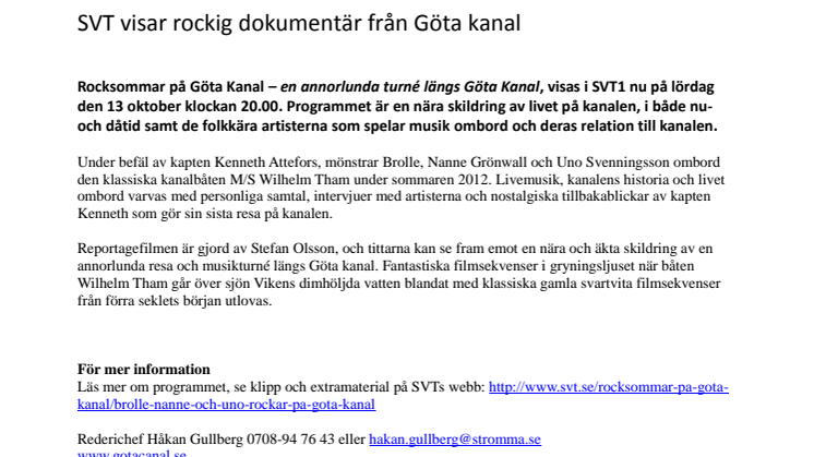 SVT visar rockig dokumentär från Göta kanal