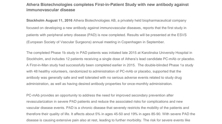 Athera Biotechnologies completes First-in-Patient Study with new antibody against immunovascular disease