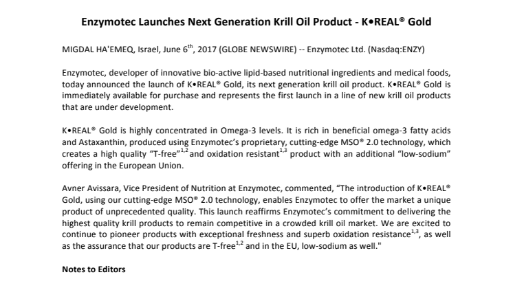 Enzymotec Launches Next Generation Krill Oil Product - K•REAL® Gold