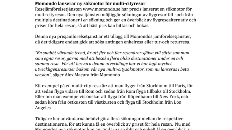 Momondo lanserar ny sökmotor för multi-cityresor