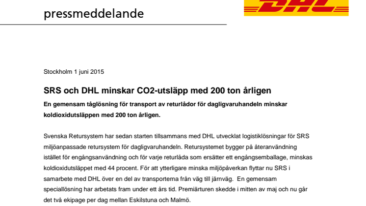 SRS och DHL minskar CO2-utsläpp med 200 ton årligen 