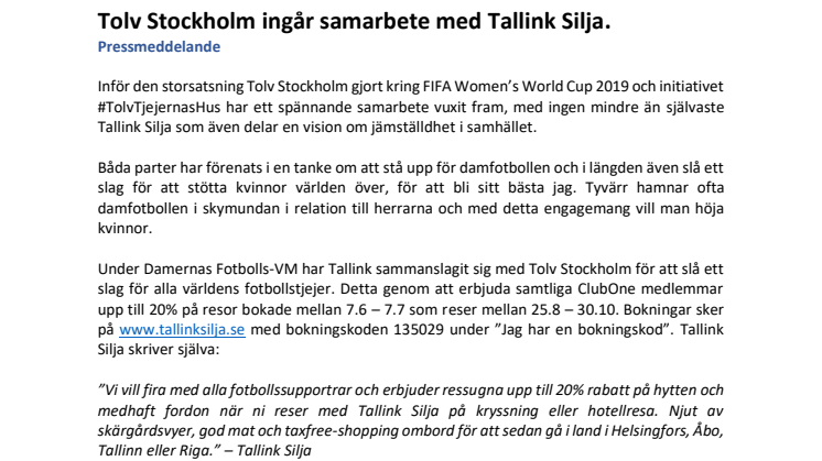 Tolv Stockholm ingår samarbete med Tallink Silja