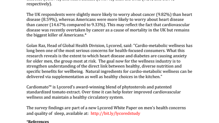 PRESS RELEASE:  Diabetes and cardiovascular disease are top health fears for older men