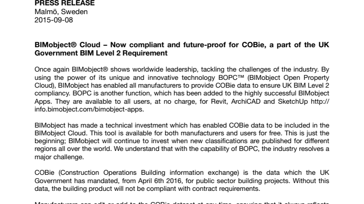 BIMobject® Cloud – Now compliant and future-proof for COBie, a part of the UK Government BIM Level 2 Requirement