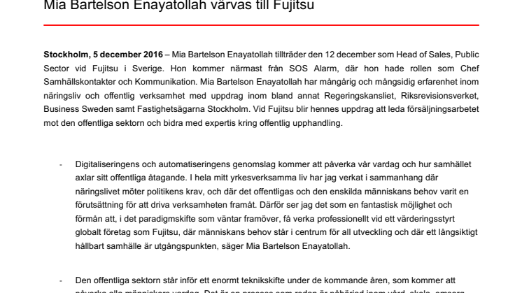 Mia Bartelson Enayatollah värvas till Fujitsu 