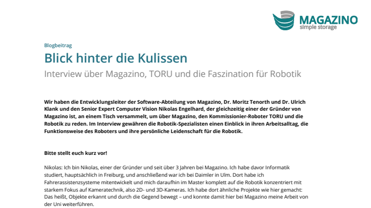 Blick hinter die Kulissen: Interview über Magazino, TORU und die Faszination für Robotik - Teil 1