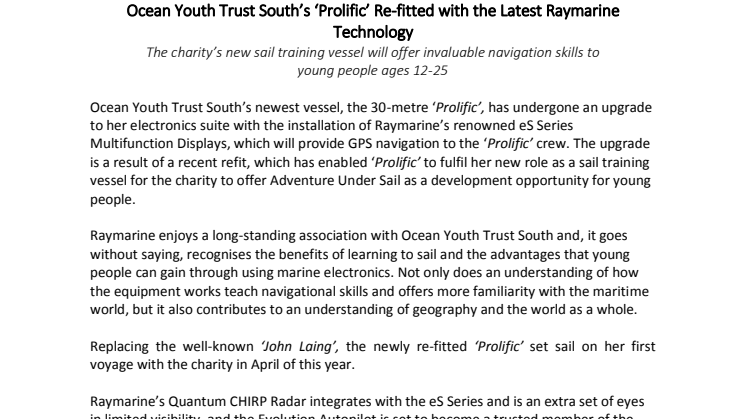 Raymarine: Ocean Youth Trust South's Prolific’ Re-fitted with the Latest Raymarine Technology