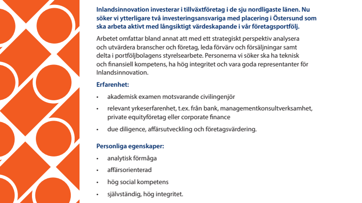 Inlandsinnovation söker två investeringsansvariga till Östersund