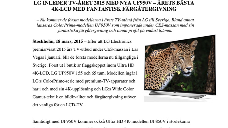 LG INLEDER TV-ÅRET 2015 MED NYA UF950V – ÅRETS BÄSTA 4K-LCD MED FANTASTISK FÄRGÅTERGIVNING