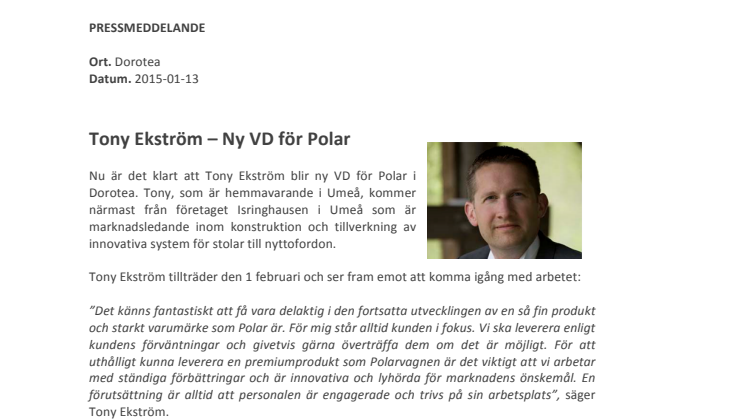 Tony Ekström – Ny VD för Polar