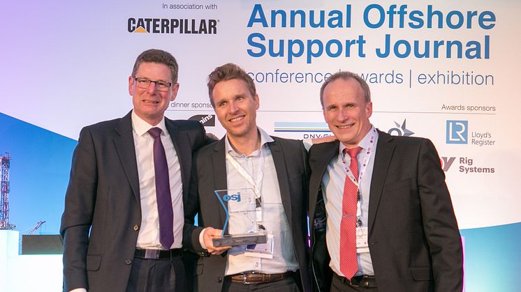 OTS Wins DP Award. From left: Graham Harman, Operations Director, Riviera Maritime Media; Knut Jarle Lysklett, Product Manager OTS, SMCS; Lars Einar Rosenhaug Bjørset, Global Customer Support, SMCS