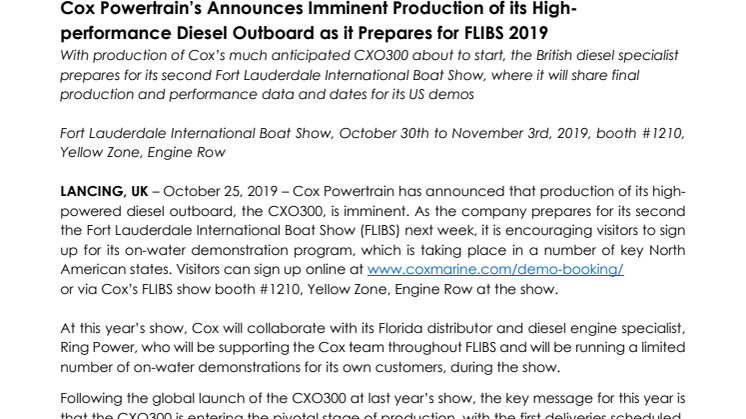 Cox Powertrain’s Announces Imminent Production of its High-performance Diesel Outboard as it Prepares for FLIBS 2019