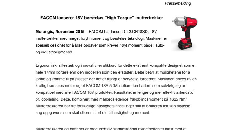 FACOM lanserer 18V børsteløs ”High Torque” muttertrekker