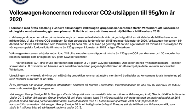 Volkswagen-koncernen reducerar CO2-utsläppen till 95g/km år 2020 