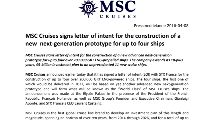 MSC Cruises signs letter of intent for the construction of a new  next-generation prototype for up to four ships