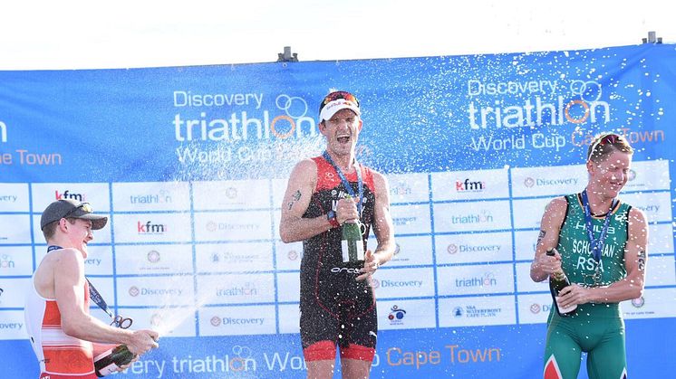 Lukas Pertl (left) Richard Murray (middle) and Henri Schoeman (right)  on the podium celebrating their victories. 