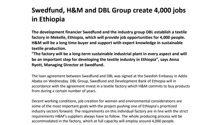Swedfund, H&M and DBL Group create 4,000 jobs in Ethiopia