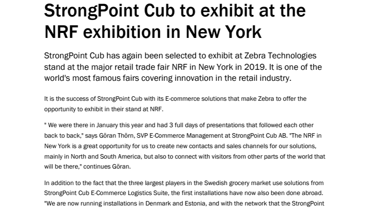 StrongPoint Cub to exhibit at the NRF exhibition in New York