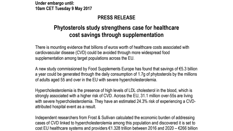 Phytosterols study strengthens case for healthcare cost savings through supplementation