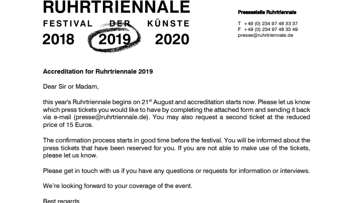Accreditation for Ruhrtriennale 2019