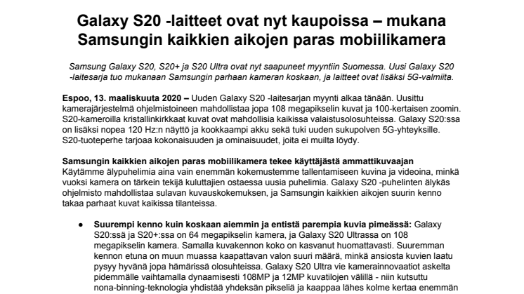 Galaxy S20 -laitteet ovat nyt kaupoissa – mukana Samsungin kaikkien aikojen paras mobiilikamera