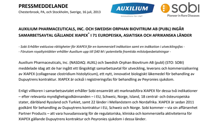 Auxilium Pharmaceuticals, Inc. och Swedish Orphan Biovitrum ab (publ) ingår samarbetsavtal gällande XIAPEX® i 71 europeiska, asiatiska och afrikanska länder