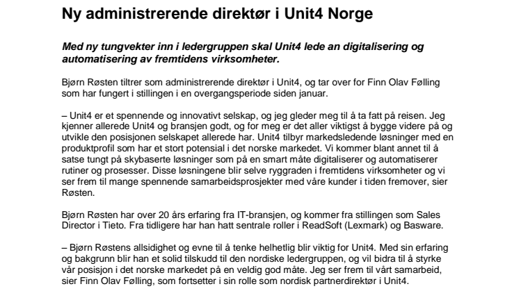 Unit4 utser ny VD för Norge