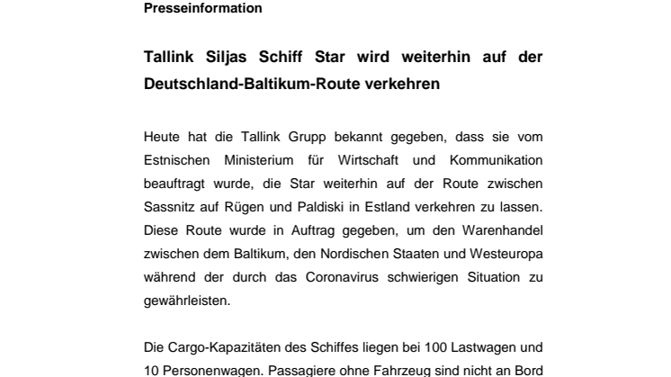 Tallink Siljas Schiff Star wird weiterhin auf der Deutschland-Baltikum-Route verkehren