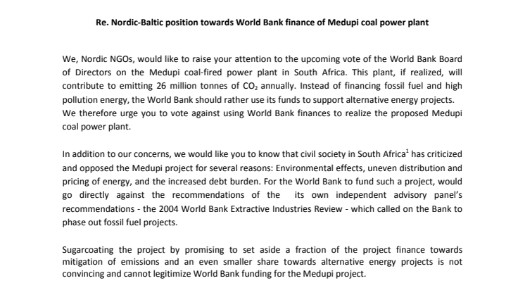 Brev till  Världsbankens styrelse om  satsning på kolkraft