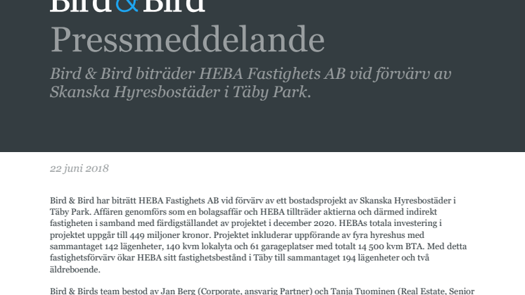 Bird & Bird biträder HEBA Fastighets AB vid förvärv av Skanska Hyresbostäder i Täby Park