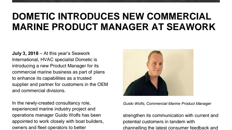 Dometic Introduces New Commercial Marine Product Manager at Seawork