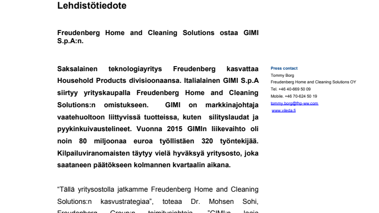 Freudenberg Home and Cleaning Solutions ostaa GIMI S.p.A:n