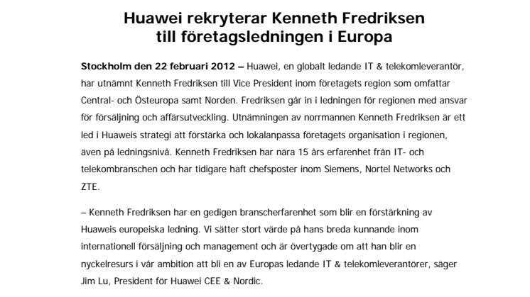 Huawei rekryterar Kenneth Fredriksen till företagsledningen i Europa