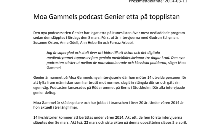 Moa Gammels podcast Genier etta på topplistan