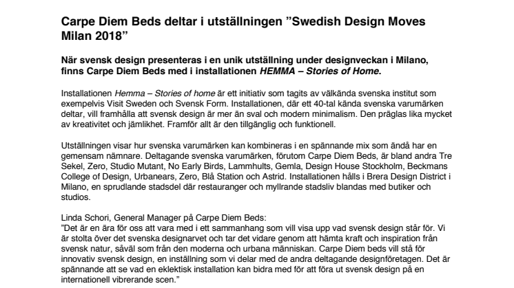 Carpe Diem Beds deltar i utställningen "Swedish Design Moves Milan 2018"