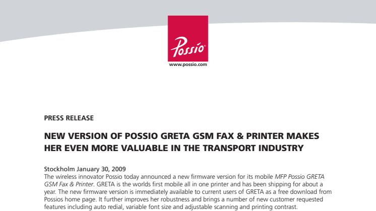 New version of Possio GRETA GSM Fax & Printer makes her even more valuable in the transport industry