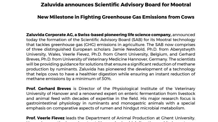 Zaluvida announces Scientific Advisory Board for Mootral