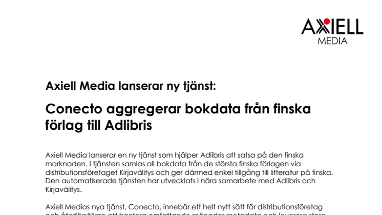 Axiell Media lanserar ny tjänst: Conecto aggregerar bokdata från finska förlag till Adlibris