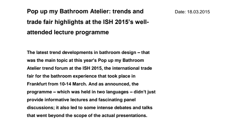 Pop up my Bathroom Atelier: Trends and Trade Fair Highlights at the ISH 2015’s well-attended Lecture Programme