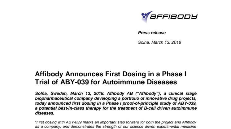 Affibody Announces First Dosing in a Phase I Trial of ABY-039 for Autoimmune Diseases