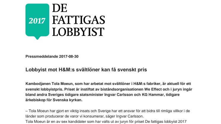 Lobbyist mot H&M:s svältlöner kan få svenskt pris