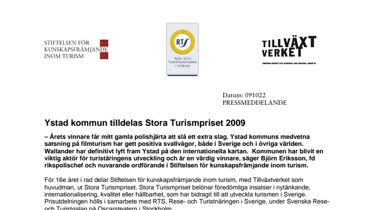Ystad kommun tilldelas Stora Turismpriset 2009