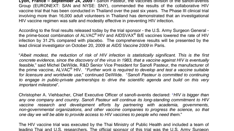 Sanofi Pasteur Commends Results  of First HIV Vaccine Study to Show  Some Effectiveness in Preventing HIV