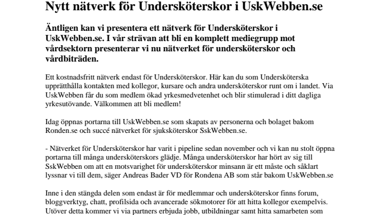 Nytt nätverk för Undersköterskor i UskWebben.se