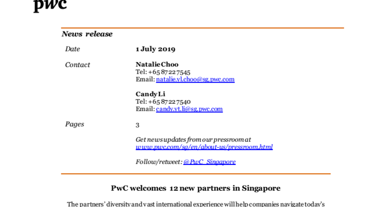 PwC welcomes 12 new partners in Singapore