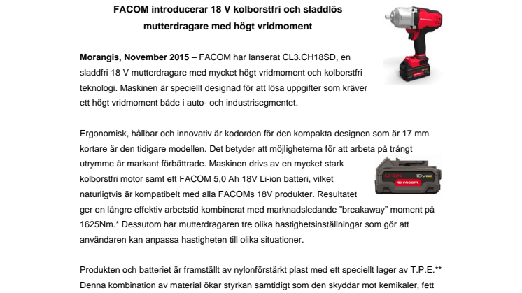 FACOM introducerar 18 V kolborstfri och sladdlös mutterdragare med högt vridmoment