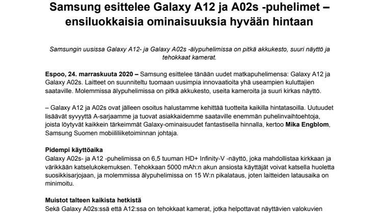 Samsung esittelee Galaxy A12 ja A02s -puhelimet – ensiluokkaisia ominaisuuksia hyvään hintaan 