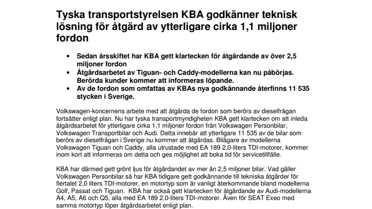 Tyska transportstyrelsen KBA godkänner teknisk lösning för åtgärd av ytterligare cirka 1,1 miljoner fordon